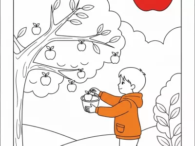 Joyful Festive Autumn Apple Picking Adventure Coloring Page